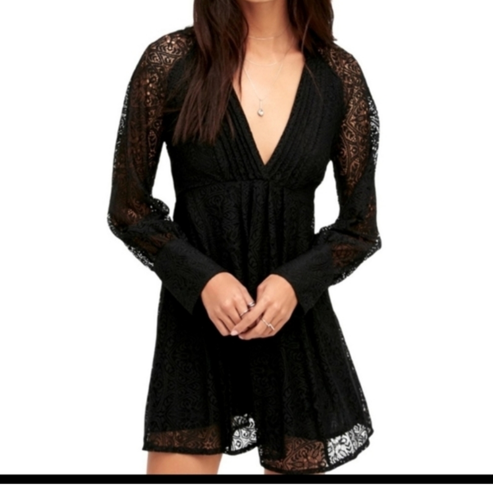 NWOT Free People Woven Lace Black Dress, P2P 18, Top to Bottom 31" - Picture 3 of 6